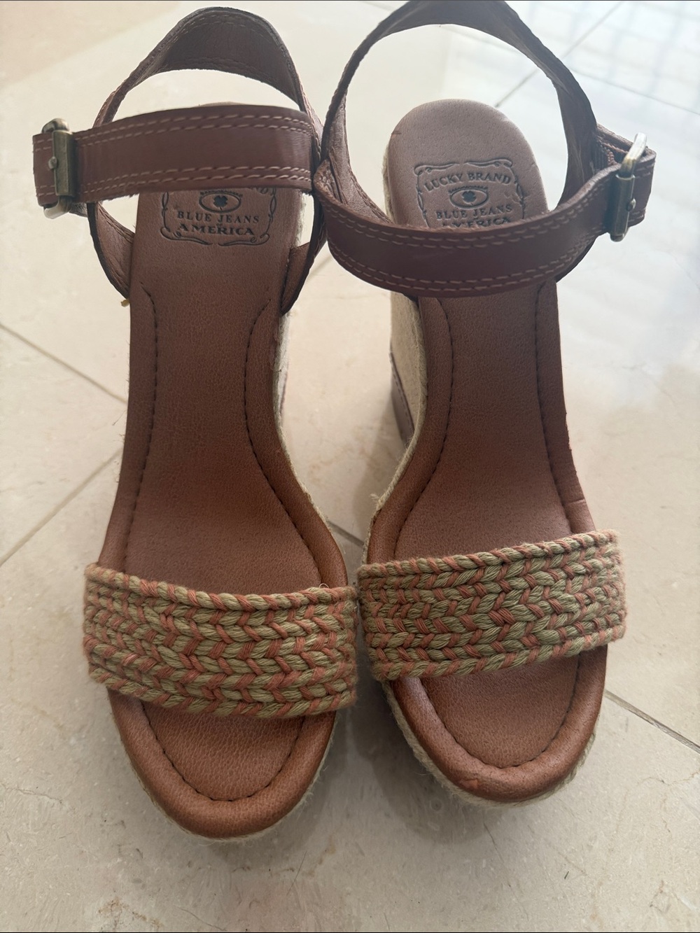 Lucky Brand Tan Woven Espadrille Wedge Sandals with Green Accents